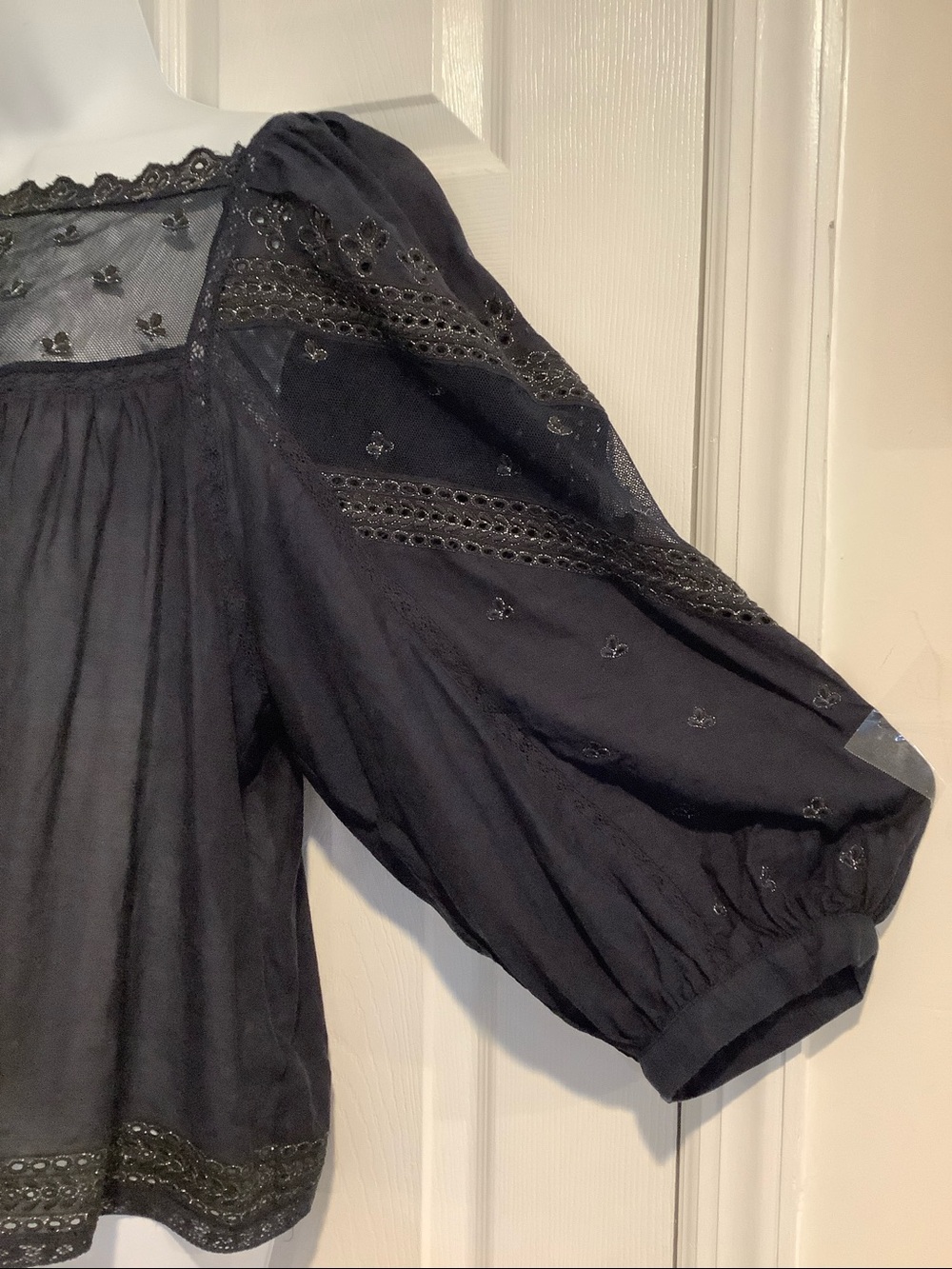 ANTHROPOLOGIE Navy Blue Boho Chic Shimmery Lace Puff Sleeves Fall Top L - Picture 3 of 11